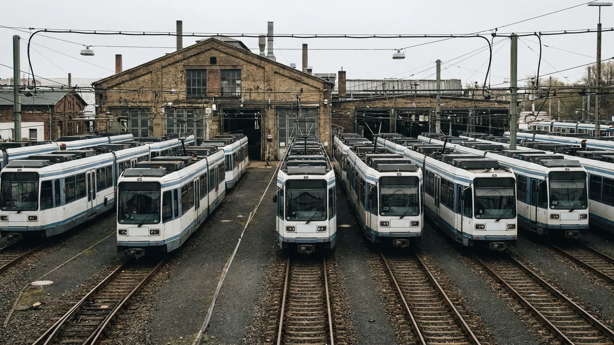 Weiß-blaue Stadtbahnwagen stehen dicht gereiht auf Abstellgleisen vor einem alten Backsteindepot mit Oberleitungen