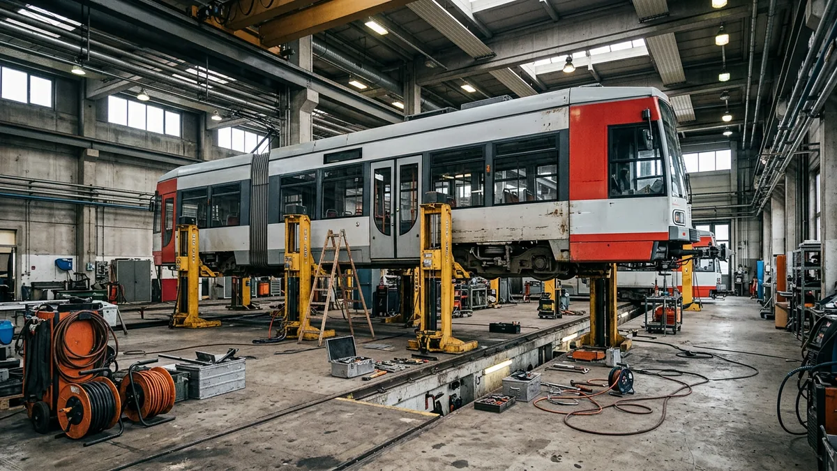 Rot-weißer Stadtbahnwagen steht in einer Werkstatthalle auf gelben Hebesäulen, davor Leitern, Werkzeug und Kabeltrommeln