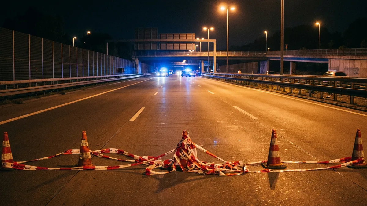 Nächtlich gesperrte mehrspurige Straße mit Absperrband, im Hintergrund unscharfes Blaulicht