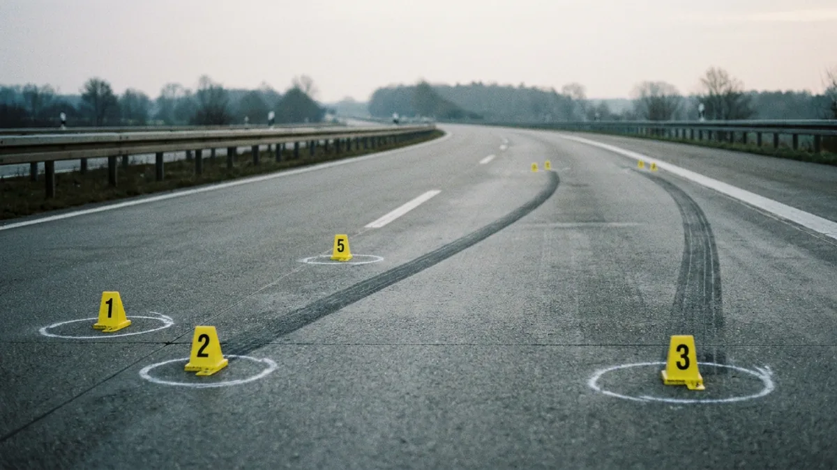 Nummerierte Spurenmarkierungen auf dem Asphalt einer Schnellstraße im Morgengrauen