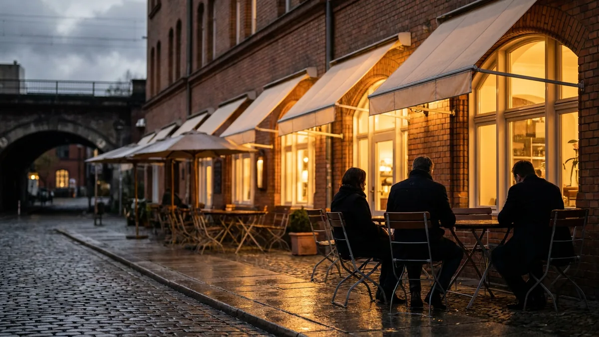 Gäste sitzen abends an Tischen vor einem beleuchteten Lokal in einem Backsteinbau, im Hintergrund ein Brückenbogen
