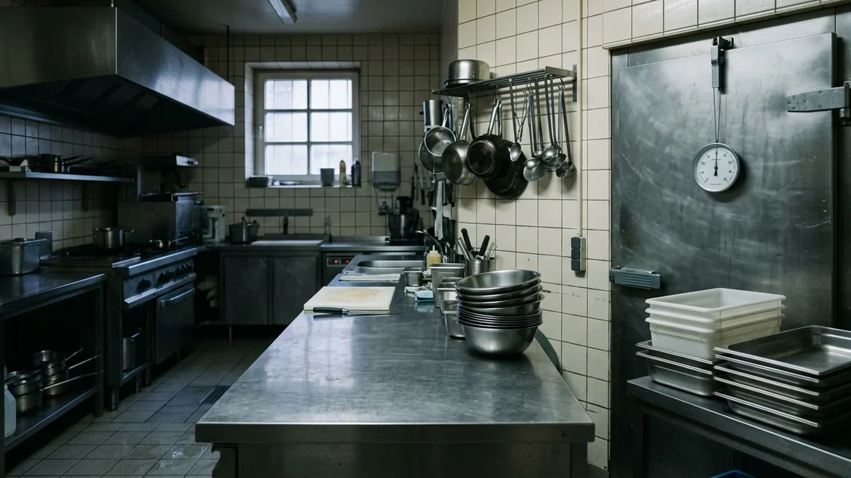 Edelstahl-Arbeitsfläche mit Thermometer in einer leeren Gastroküche