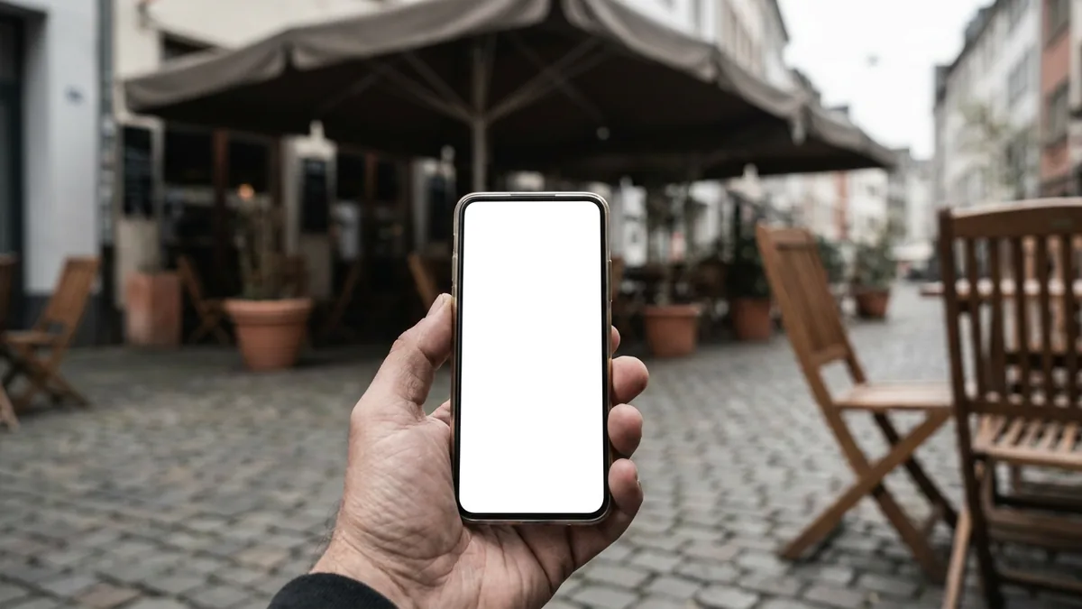 Eine Hand hält ein Smartphone mit leerem weißem Display, dahinter unscharf die Terrasse eines Lokals