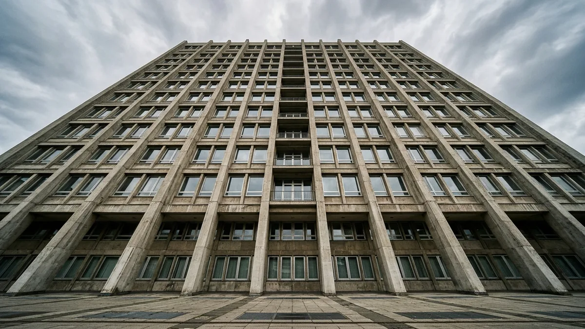 Fassade eines städtischen Verwaltungsgebäudes in Köln-Deutz aus der Froschperspektive
