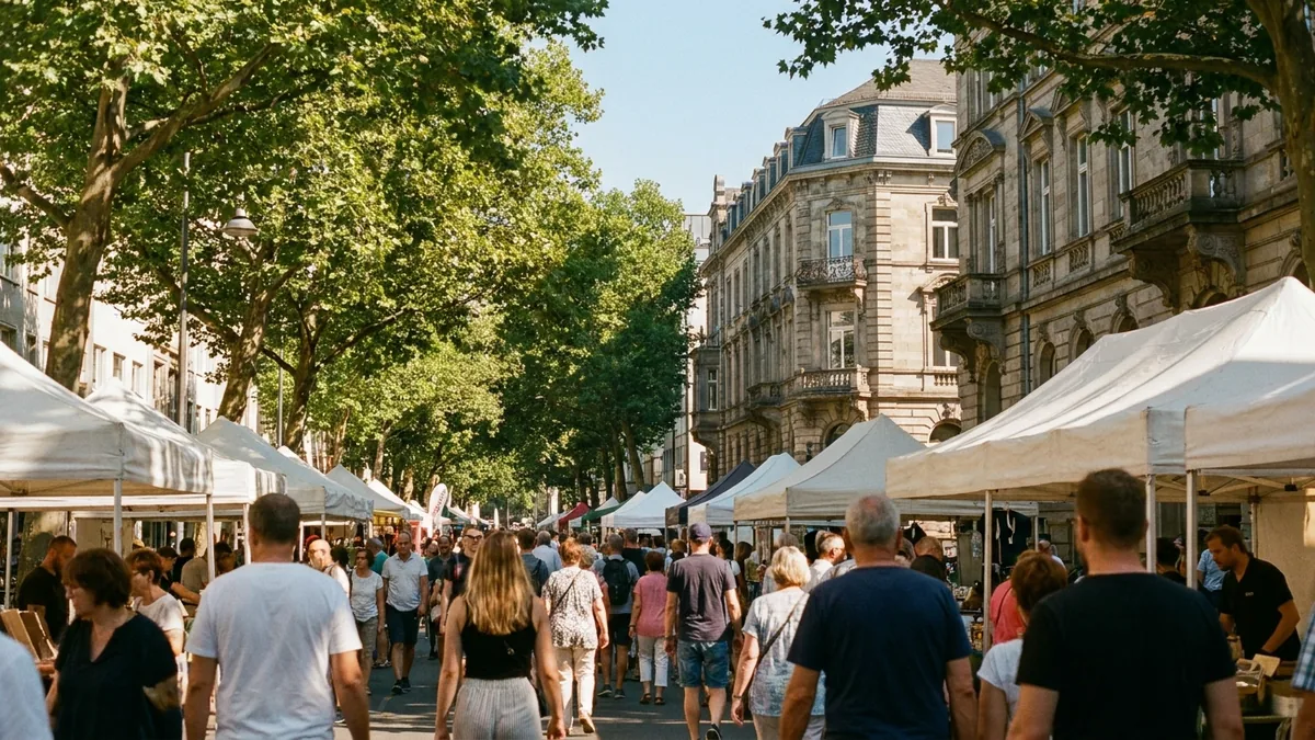 Besucher flanieren zwischen Verkaufsständen mit weißen Pavillons auf einer gesperrten Einkaufsstraße in Köln-Lindenthal