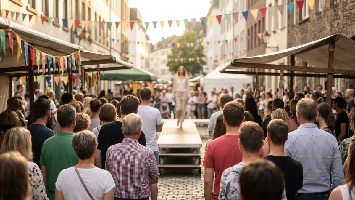 Zuschauer von hinten vor einer kleinen Open-Air-Bühne mit Laufsteg auf einem Straßenfest