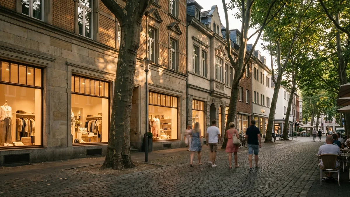 Schaufensterfront einer Einkaufsstraße mit vorbeigehenden Passanten in der Abendsonne