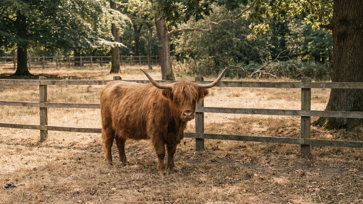 Schottisches Hochlandrind mit langen Hörnern in einem eingezäunten Gehege unter Bäumen