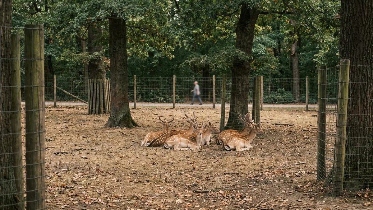Damwild ruht im Schatten hoher Bäume in einem Waldgehege