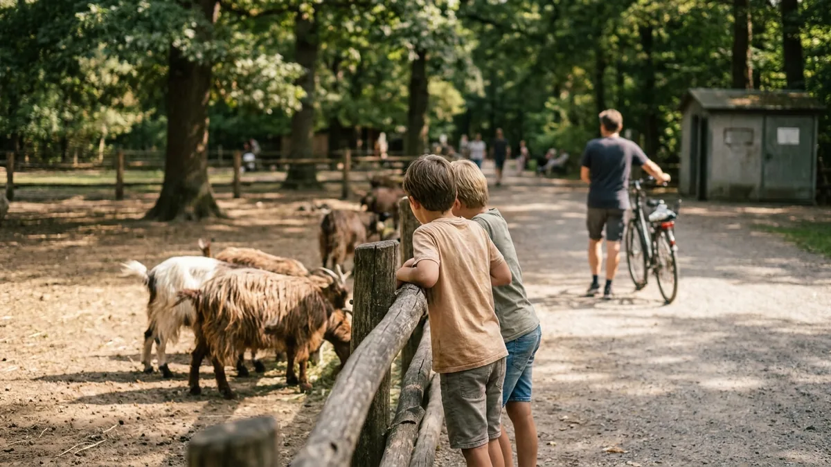 Zwei Kinder von hinten an einem Holzzaun vor einem Ziegengehege