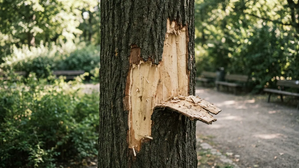 Nahaufnahme eines Baumstamms mit entfernter Rinde und freiliegendem hellem Holz
