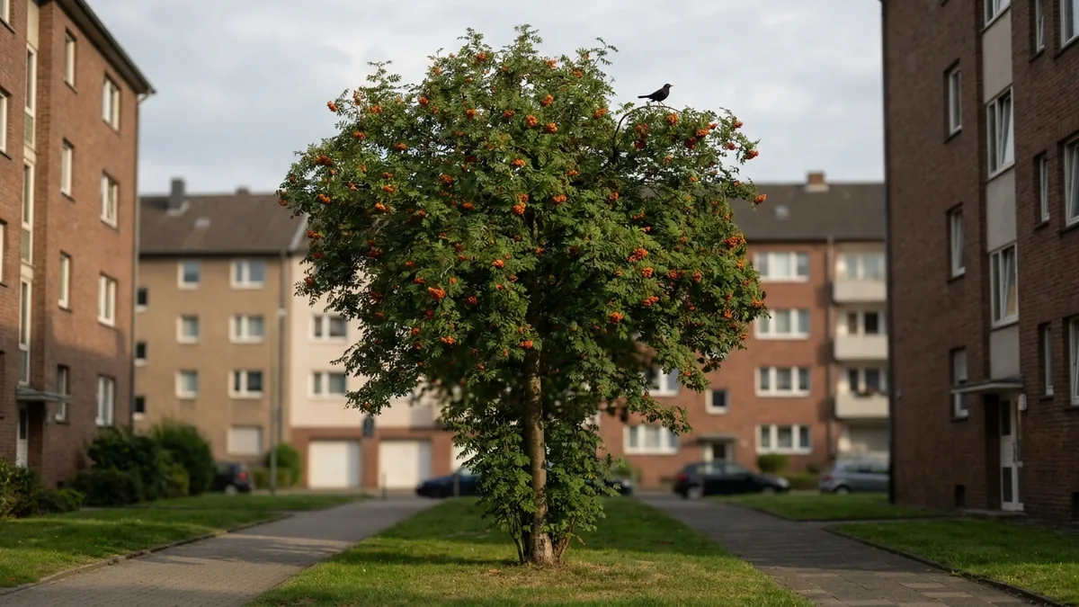 Gesunde Eberesche mit orangeroten Beeren vor Wohnhäusern