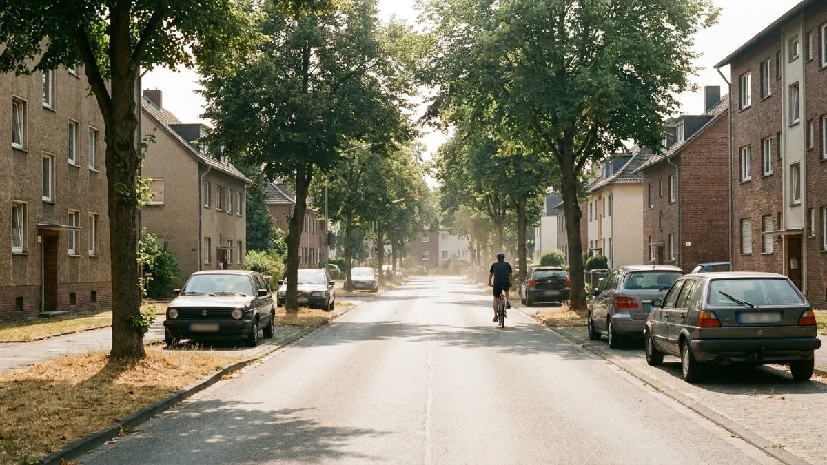 Ruhige Wohnstraße mit Straßenbäumen und Grünstreifen im Kölner Norden