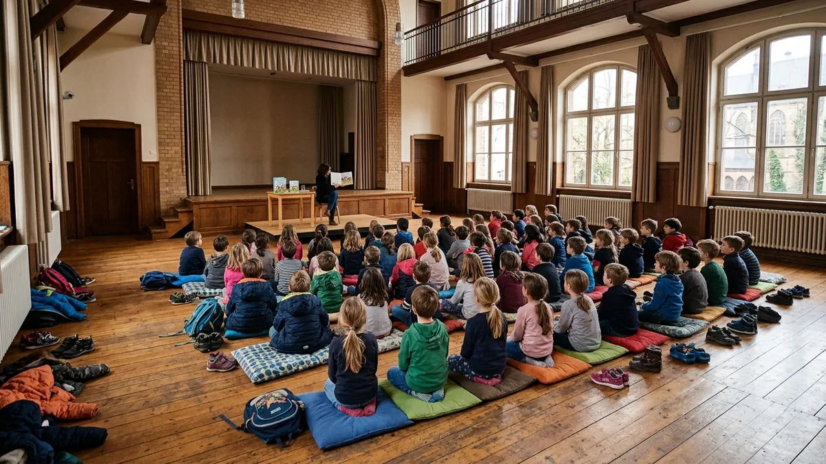 Kinder sitzen auf Kissen vor einer kleinen Bühne in einer Aula