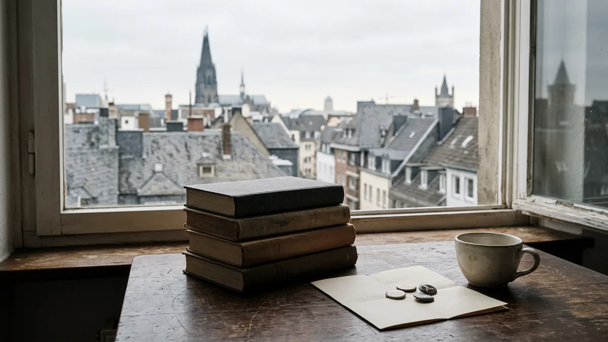Bücherstapel, Programmheft und Anstecker auf einem Tisch am Fenster