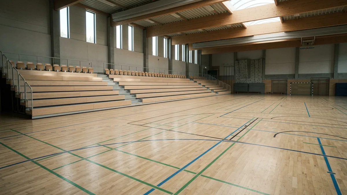 Handballfeld in einer Schulsporthalle, an der Längsseite eine ausgeklappte Zuschauertribüne