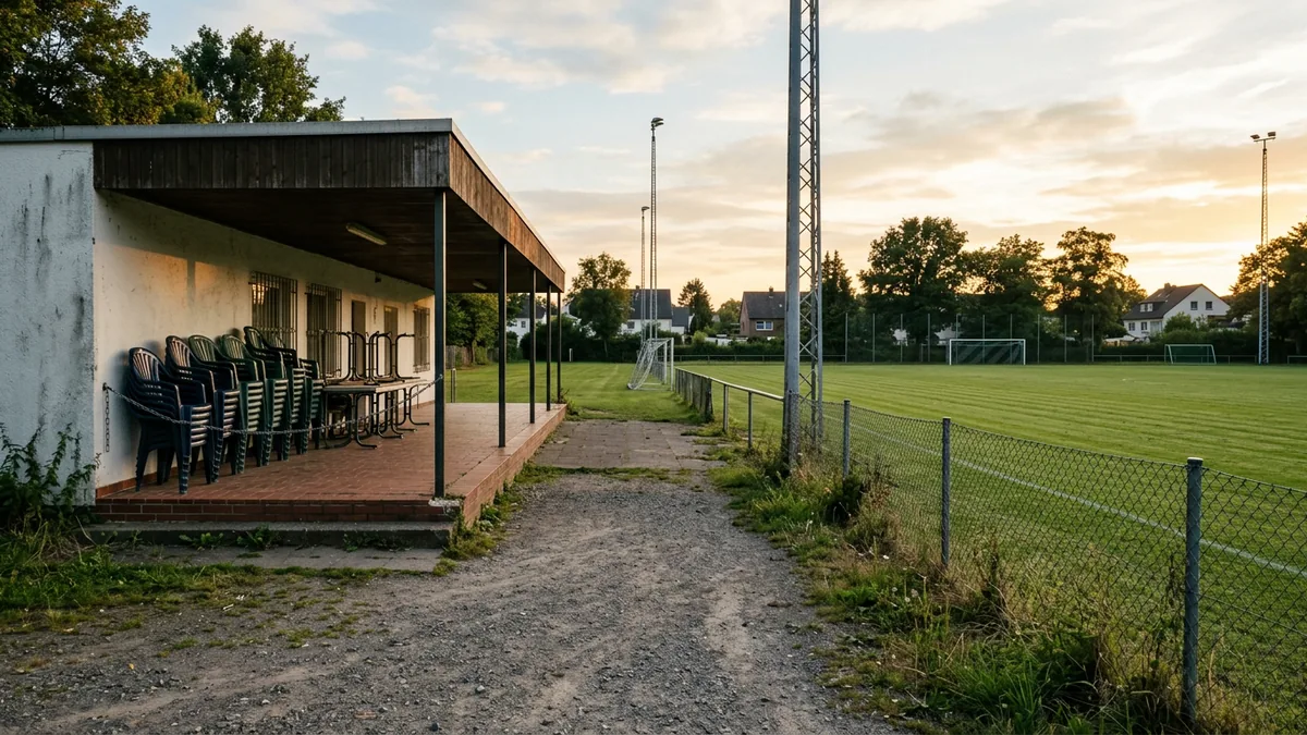 Vereinsheim und Sportplatz eines Amateurvereins am Abend, dahinter Flutlichtmasten
