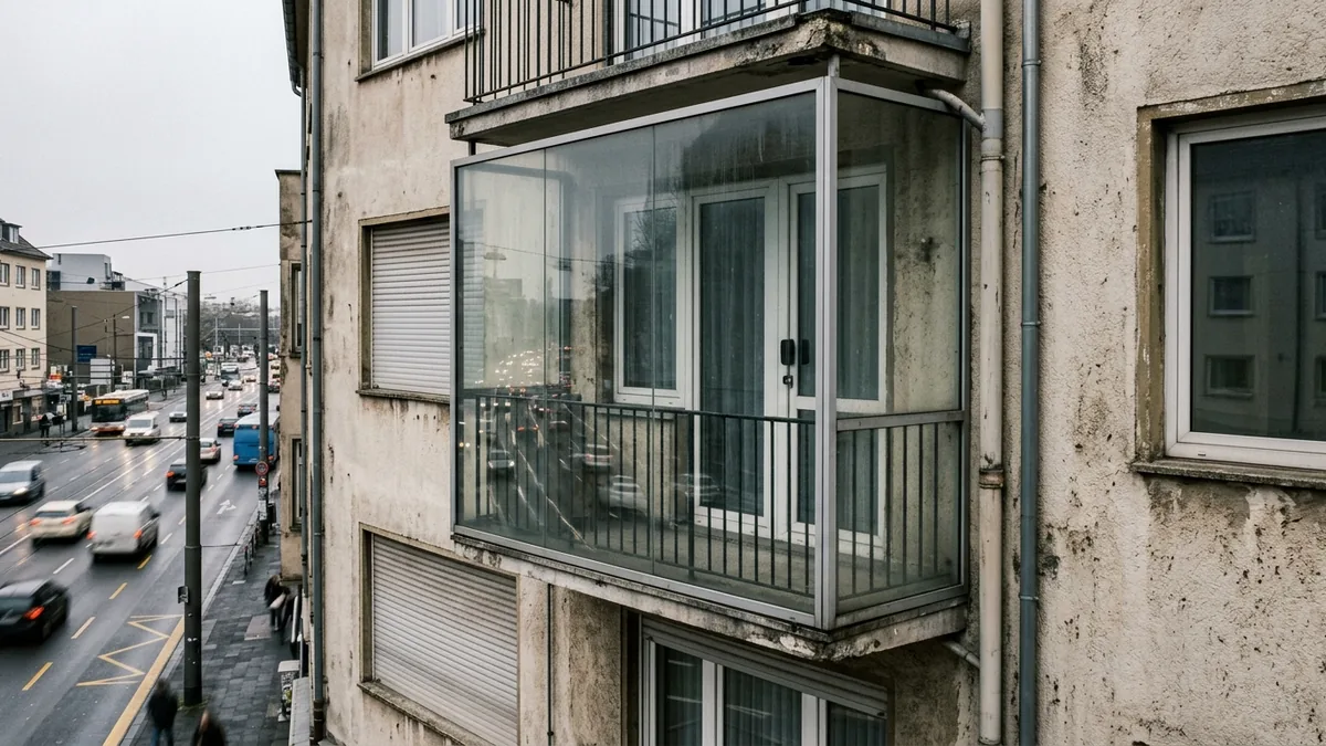 Detail einer Wohnhausfassade mit geschlossenen Fenstern und Glaselement vor dem Balkon