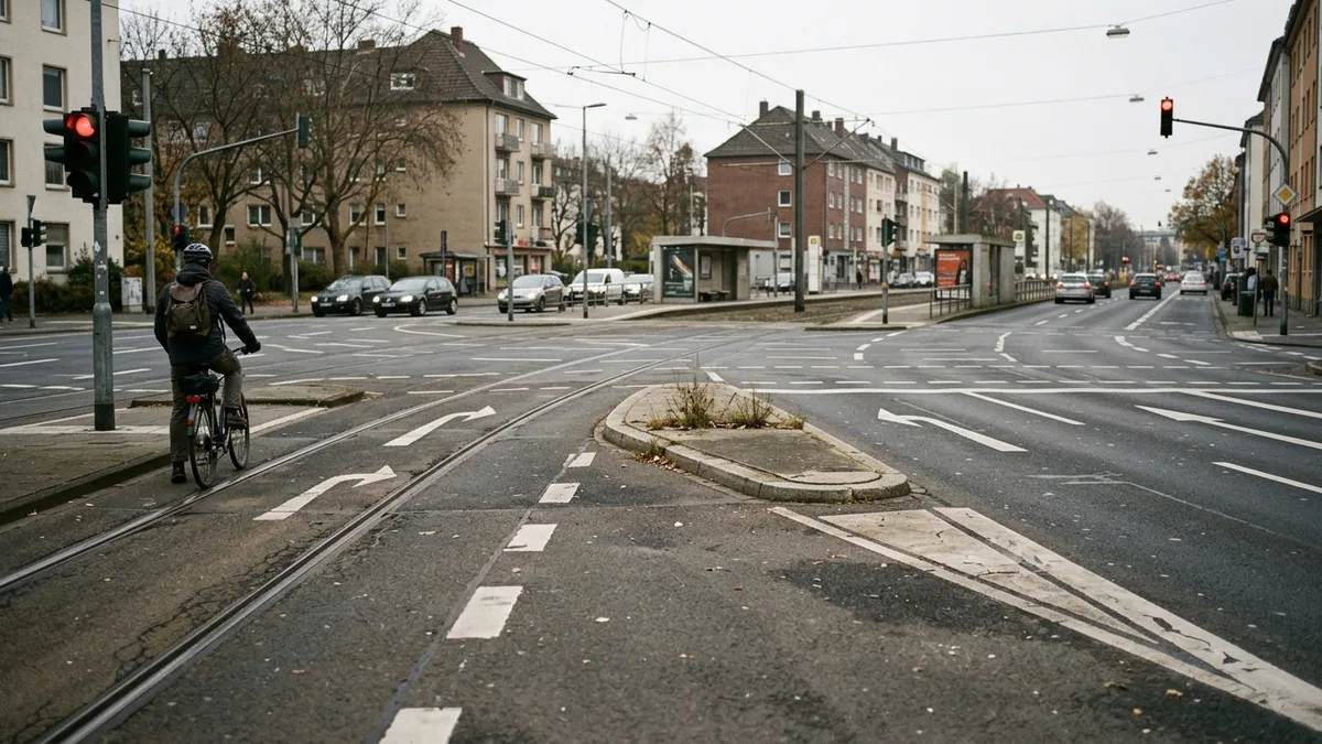 Weite Kreuzung mit freiem Rechtsabbieger und dreieckiger Verkehrsinsel aus Fußgängersicht