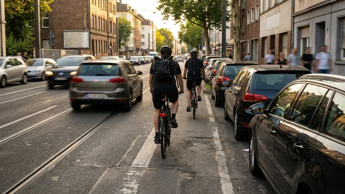 Zwei Radfahrer mit Helm auf einem markierten Streifen zwischen Straßenbahngleisen und parkenden Autos, ein Wagen überholt