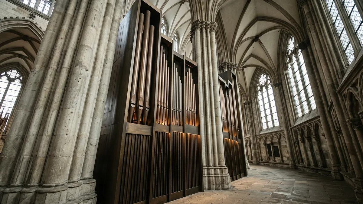 Modernes Orgelgehäuse aus Bronze zwischen gotischen Bündelpfeilern, von schräg unten fotografiert.
