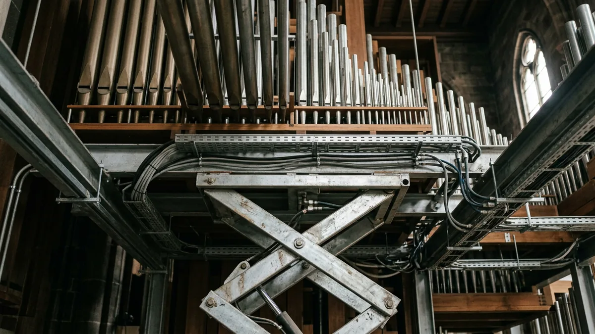 Metallpfeifen einer Orgel über einer stählernen Hubmechanik, seitlich beleuchtet.