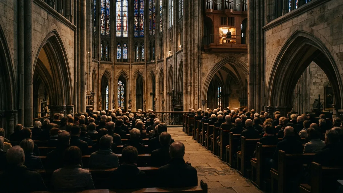 Blick von oben auf Zuhörerreihen im Chorumgang einer Kathedrale während eines Orgelkonzerts.