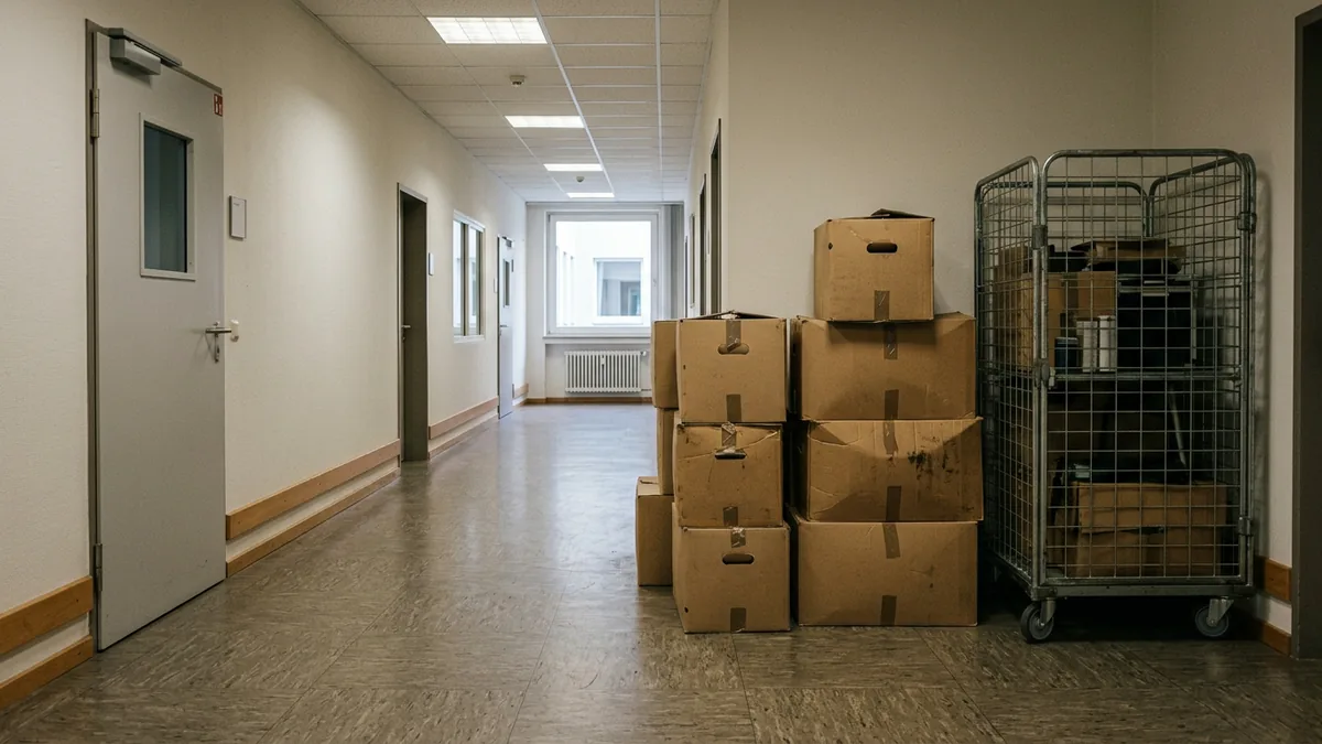 Umzugskartons und ein Rollcontainer auf einem leeren Büroflur
