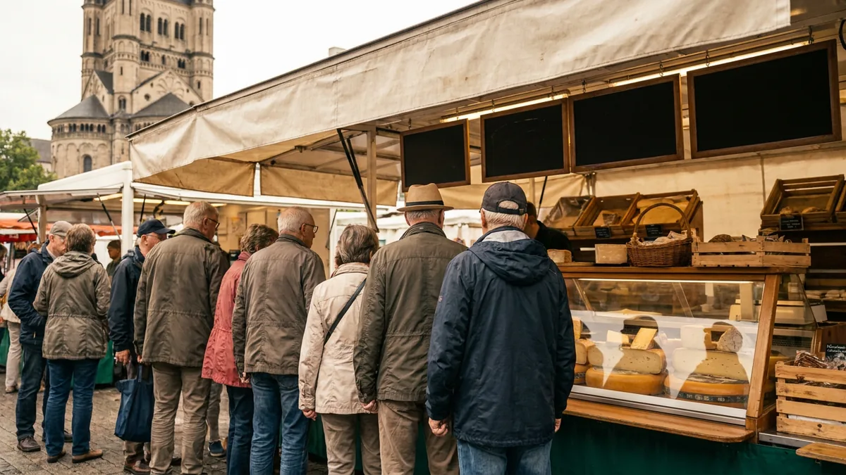 Wartende Kundschaft an der Glastheke eines Käsestands auf einem Markt, im Hintergrund ein romanischer Kirchturm