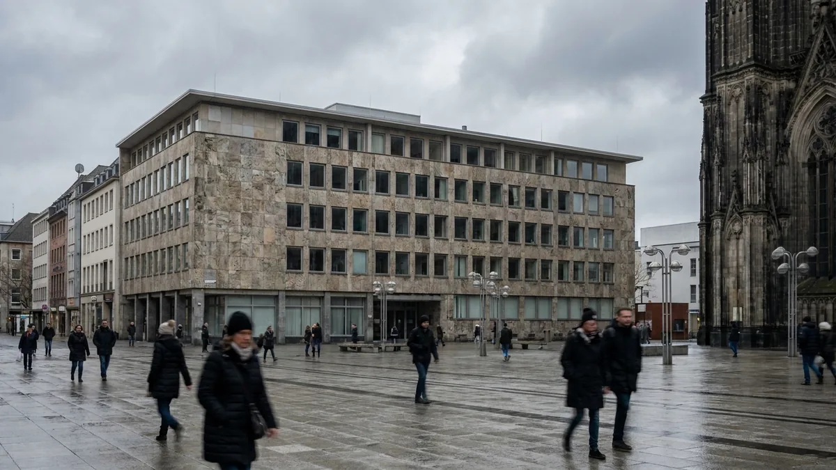 Steinverkleidetes Bürogebäude an einem weiten Platz unter grauem Himmel, rechts angeschnitten ein gotischer Kirchturm