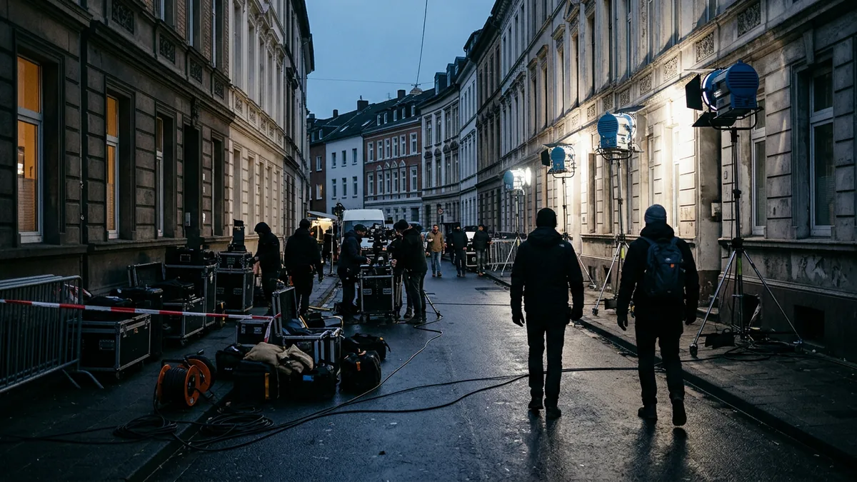 Abgesperrte Straße mit Filmscheinwerfern, Kabeltrommeln und Kisten in der Dämmerung