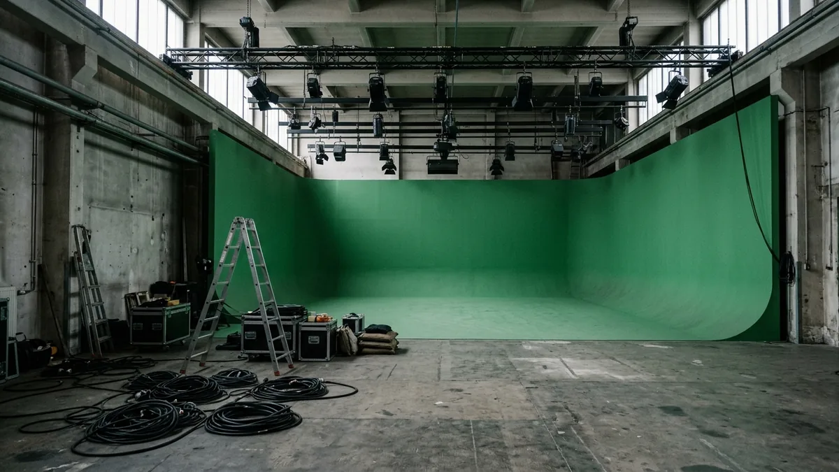 Leere Studiohalle mit grüner Hohlkehle, Beleuchtungsbrücke und aufgerollten Kabeln
