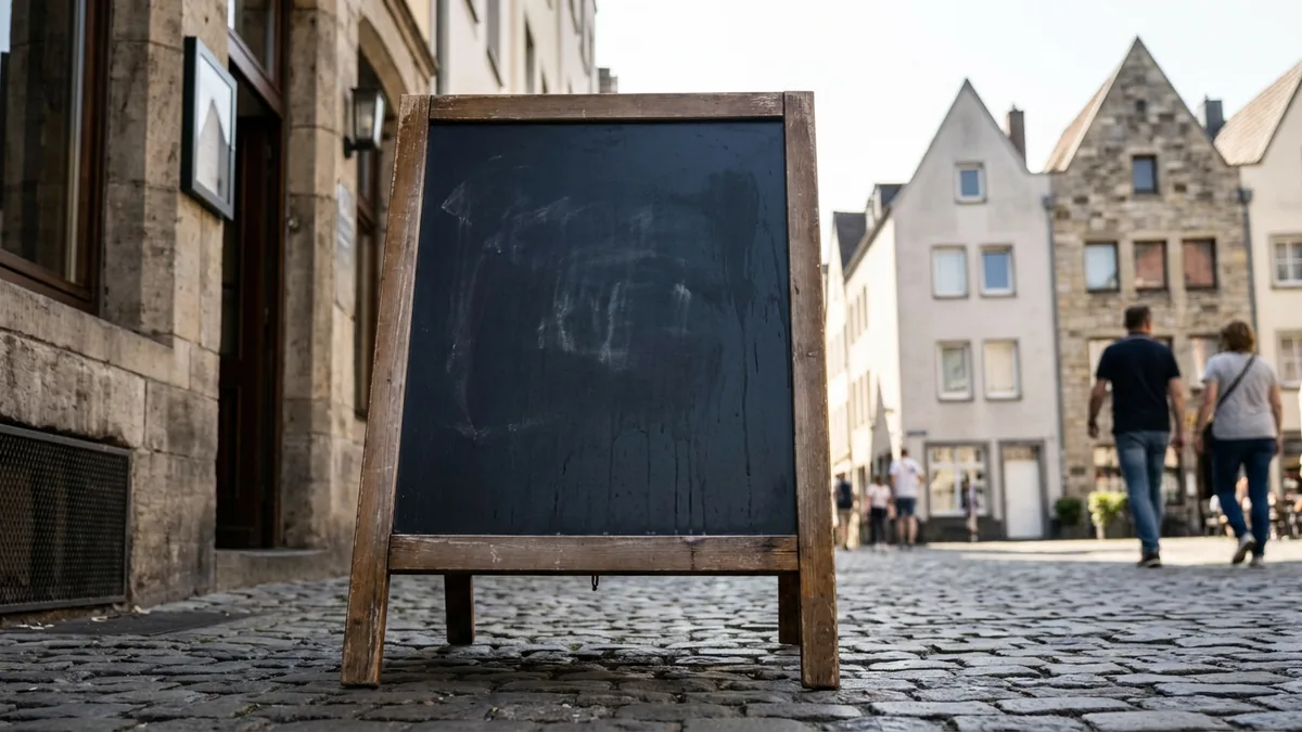 Leere Kreidetafel in einem Holzaufsteller auf Kopfsteinpflaster in einer Altstadtgasse, dahinter Giebelhäuser