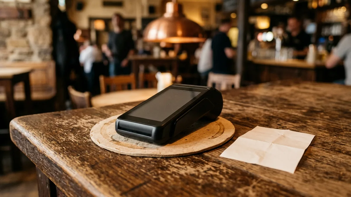 Kartenlesegerät auf einem runden Bierdeckel, Nahaufnahme auf einem Holztisch im Brauhaus