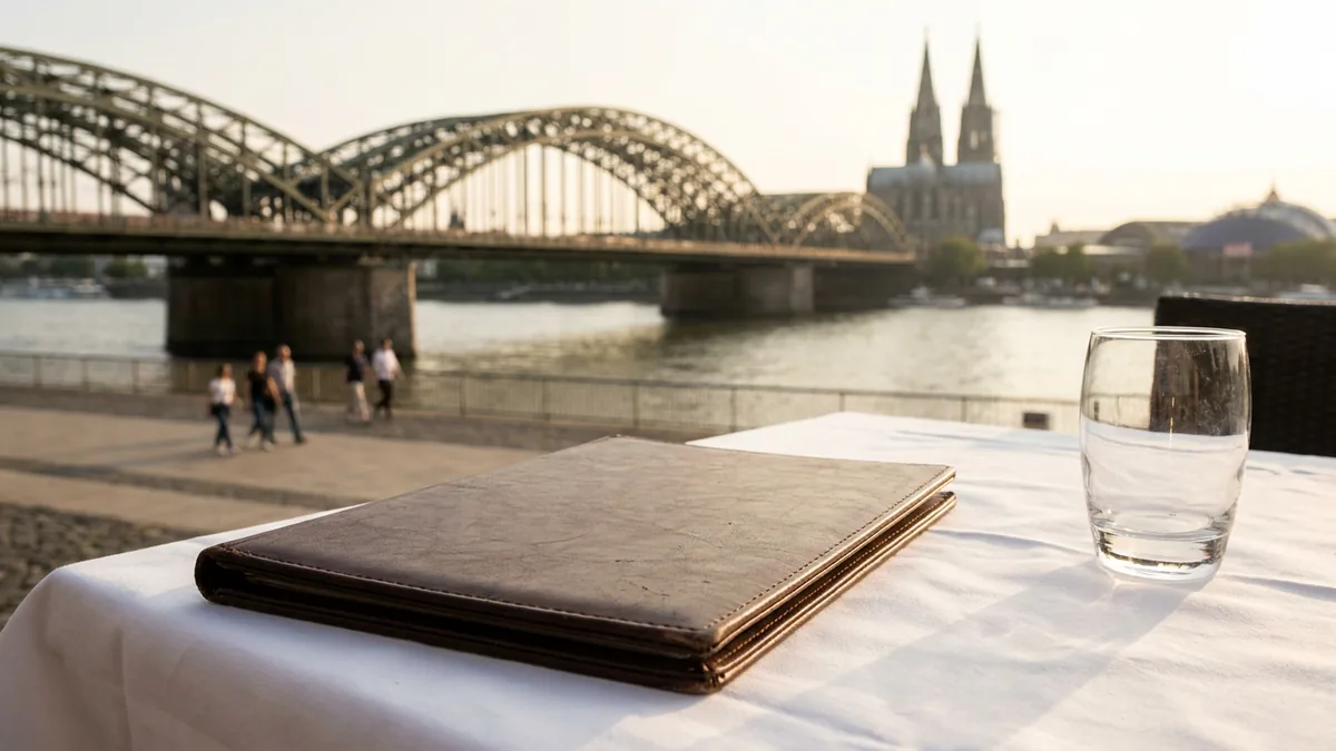 Geschlossene Speisekarte in Lederhülle und ein Wasserglas auf weißer Tischdecke, dahinter Brücke, Fluss und Dom