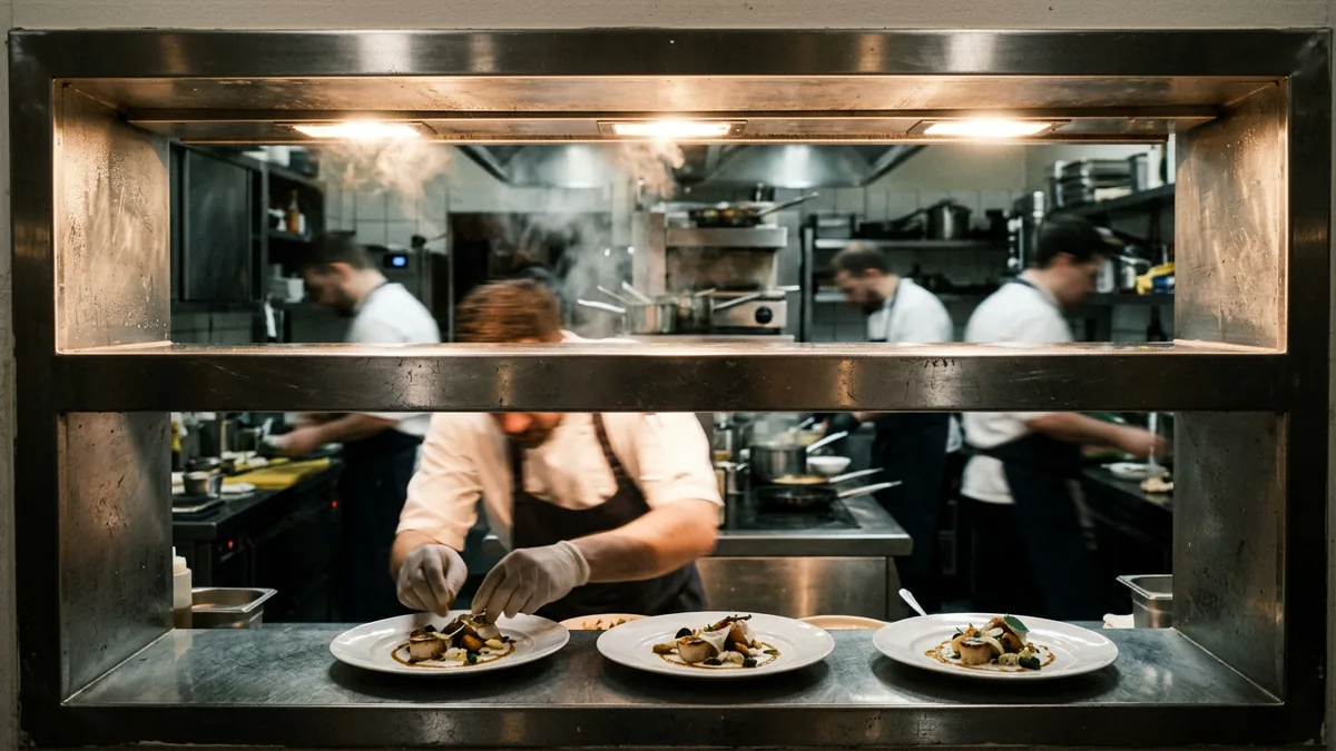 Blick durch eine Durchreiche auf den Pass einer Restaurantküche mit Wärmelampen