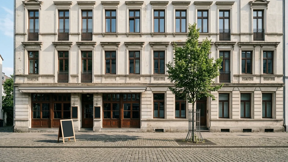 Altbaufassade mit Restaurant im Erdgeschoss an einer Straße der Kölner Südstadt am Morgen