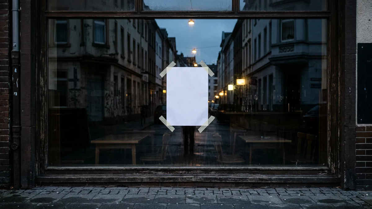 Fenster einer kleinen Kneipe in der Dämmerung, leeres Blatt Papier von innen an die Scheibe geklebt