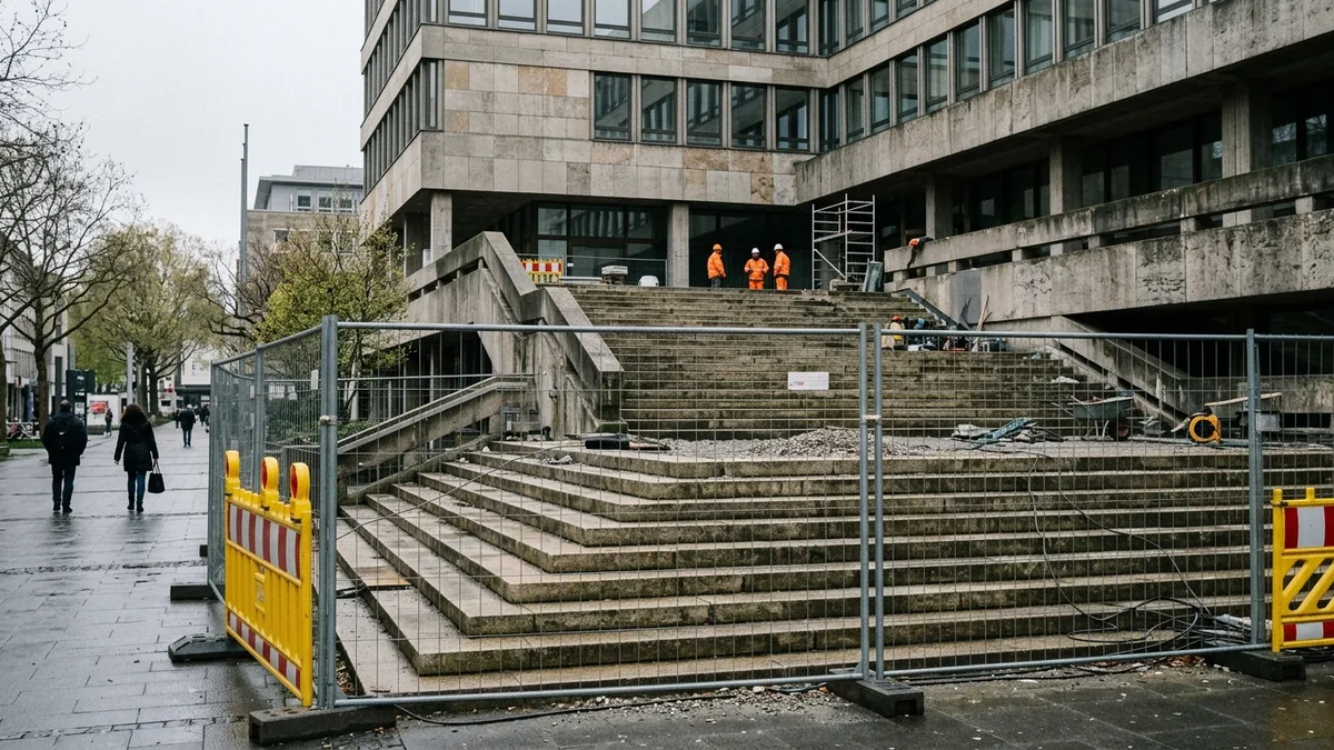 Breite Freitreppe an einem Verwaltungsbau, abgesperrt mit Bauzäunen, Arbeiter im Hintergrund