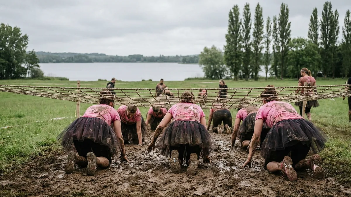 Läuferinnen in pinker Sportkleidung krabbeln beim Schlammlauf am Seeufer unter einem Netz hindurch, von hinten.