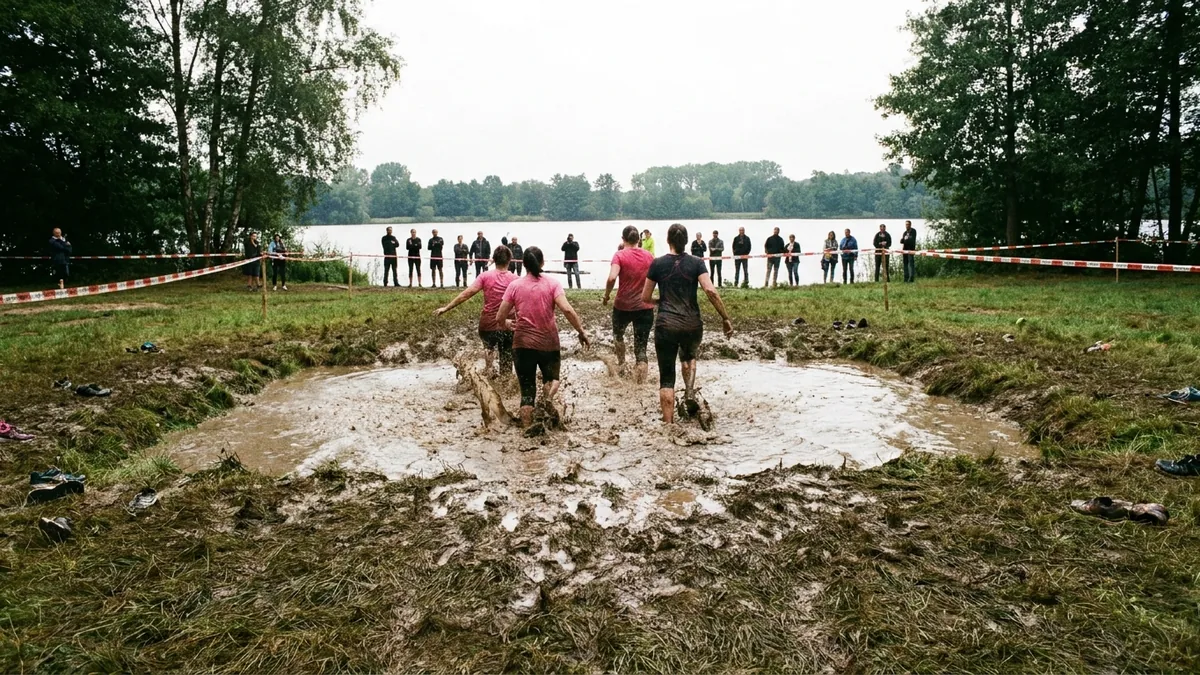 Frauen in verschlammter pinker Kleidung waten durch ein wassergefülltes Schlammbecken auf einer Wiese.