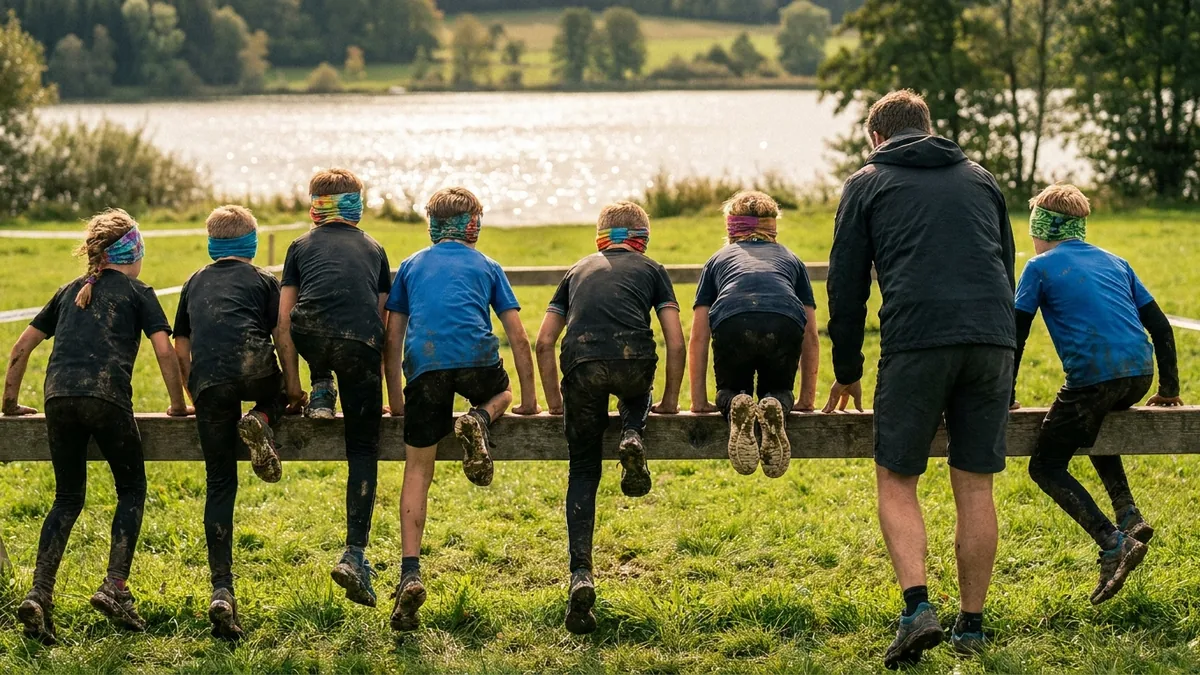 Kinder und eine Begleitperson klettern auf einer Seewiese über ein niedriges Holzhindernis, von hinten aufgenommen.