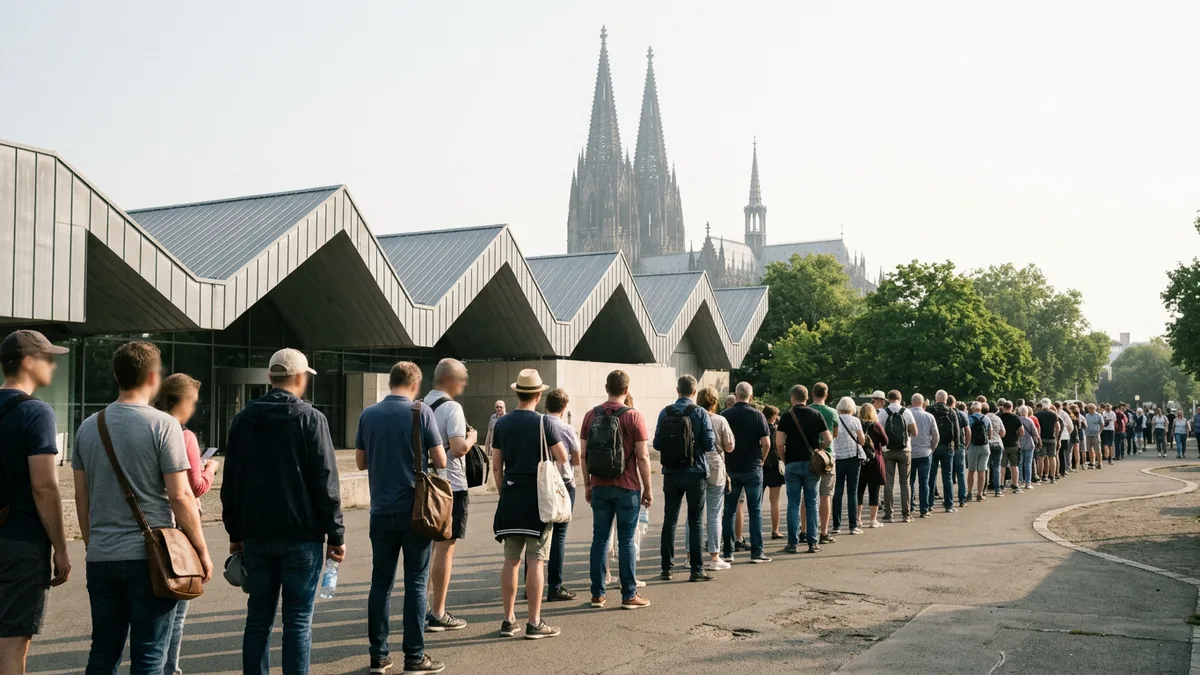 Menschen warten vor einem modernen Museumsbau, dahinter die Türme einer gotischen Kathedrale