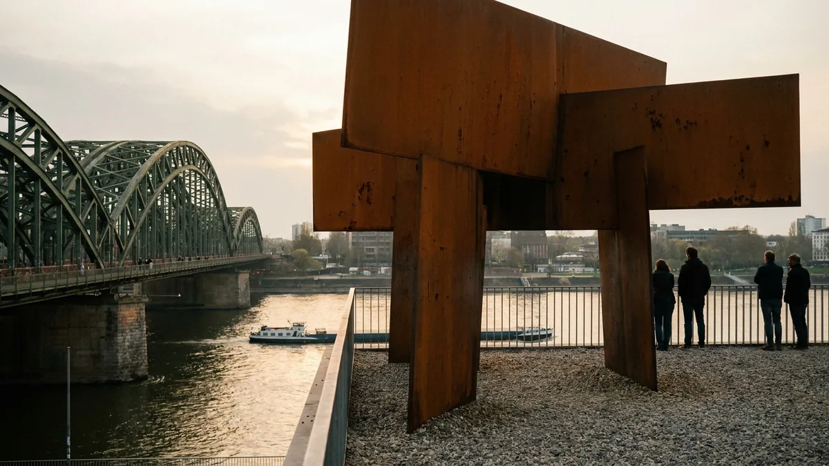 Rostige Stahlskulptur auf einer Kiesfläche über einem Fluss, Menschen an einem Geländer, links eine stählerne Bogenbrücke
