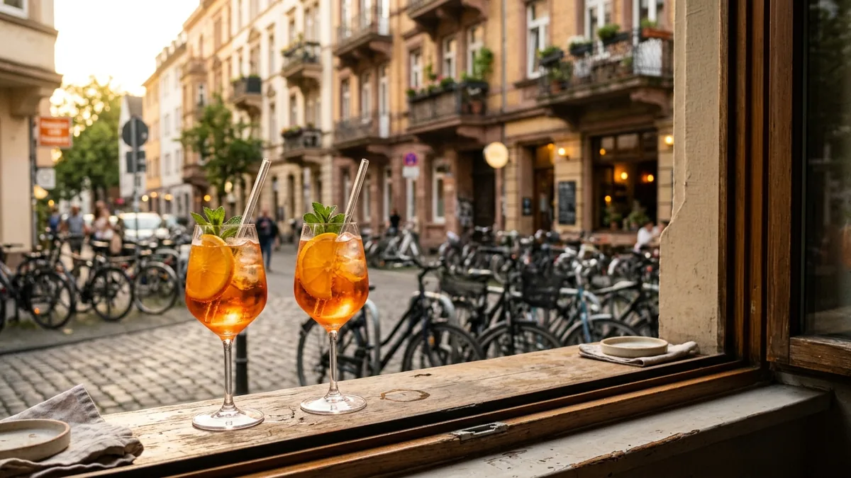 Zwei Aperitivo-Gläser mit Orangenscheibe auf einem schmalen Tresen an der Straße