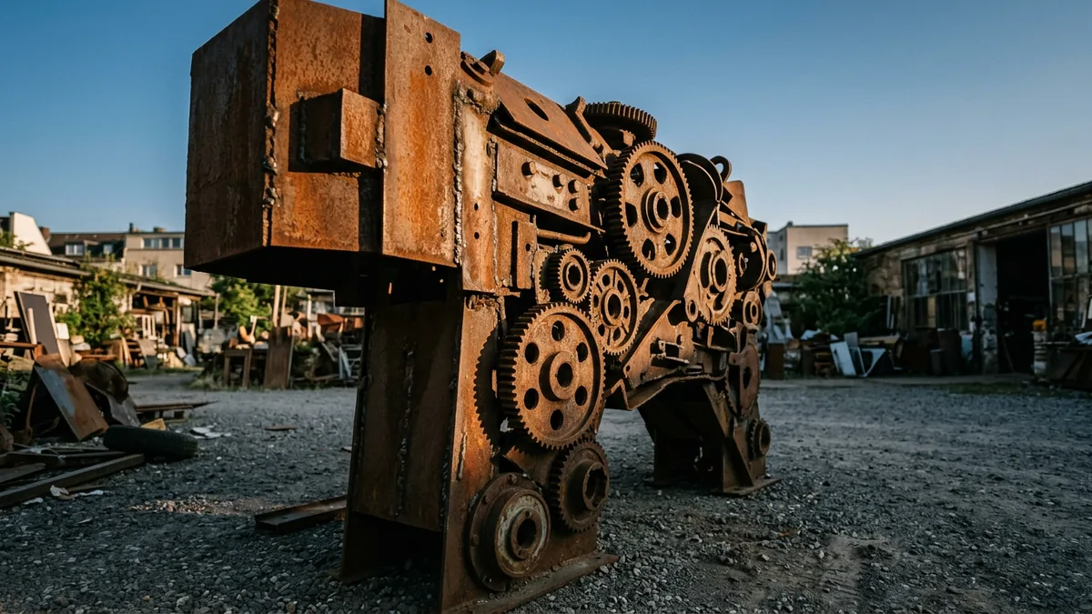 Große Skulptur aus verrostetem Stahl und Maschinenteilen auf einem Hof gegen Abendhimmel