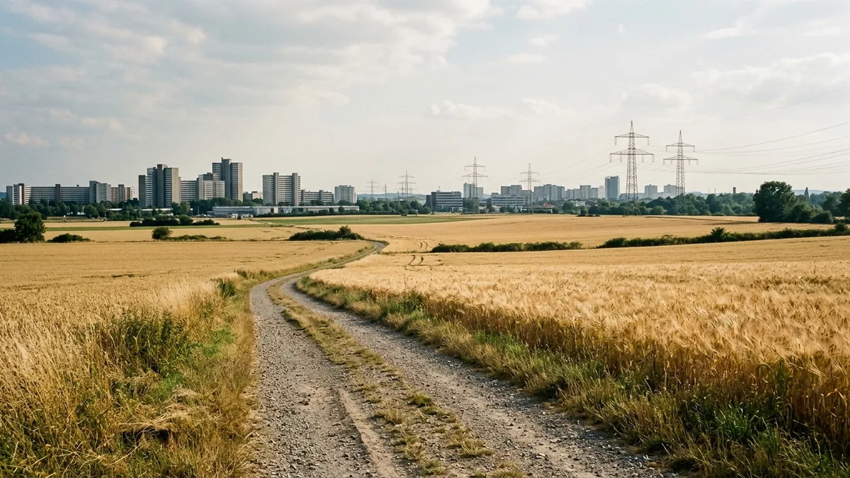Ackerland am nördlichen Stadtrand von Köln, im Hintergrund Wohnhochhäuser