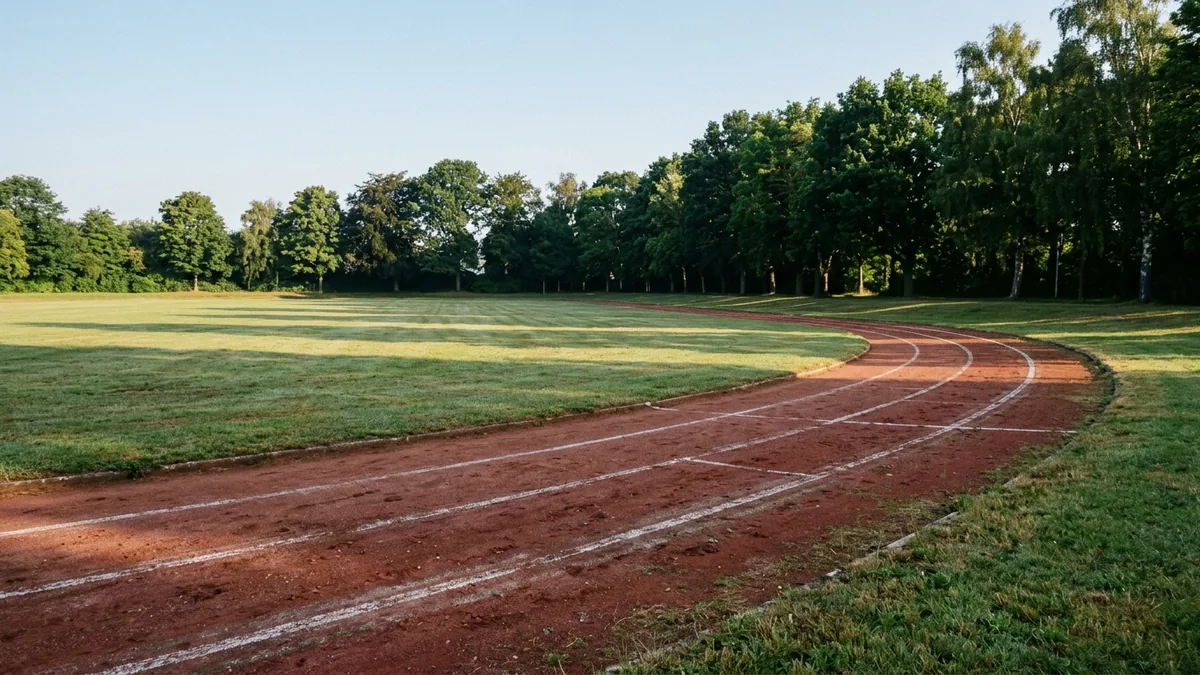 Laufbahn und Rasenflächen einer Sportanlage am Morgen, dahinter alte Bäume
