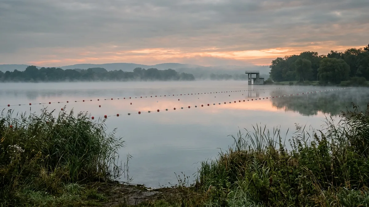 Regattastrecke auf einem See im Morgenlicht, Bojenreihen auf ruhigem Wasser