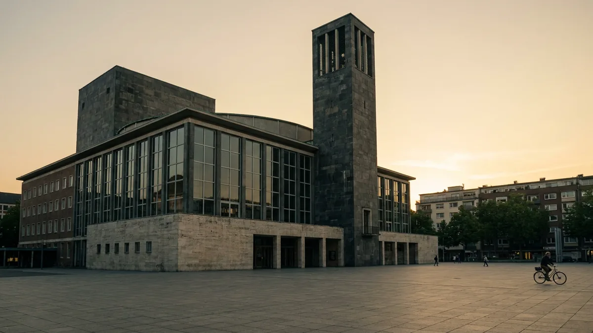 Nachkriegsmoderner Kulturbau mit Glasfassade und schlankem Turm auf einem weiten Platz im Abendlicht, ein Radfahrer